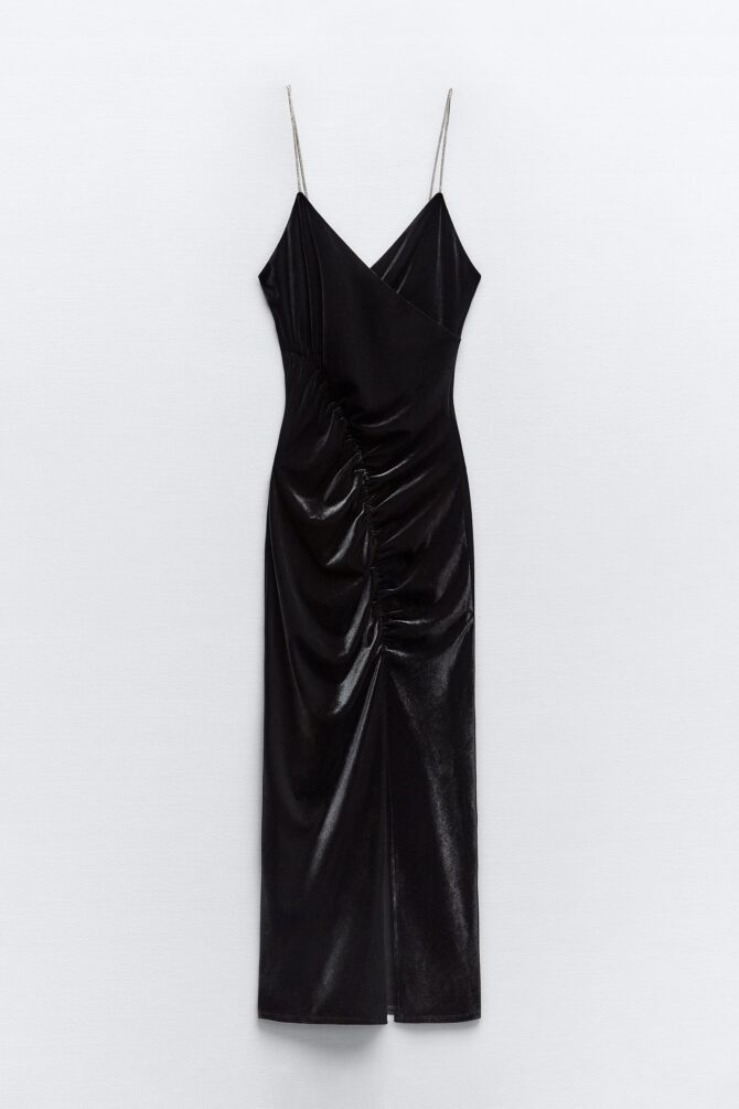 ZARA Velvet Midi Dress with Rhinestone Straps