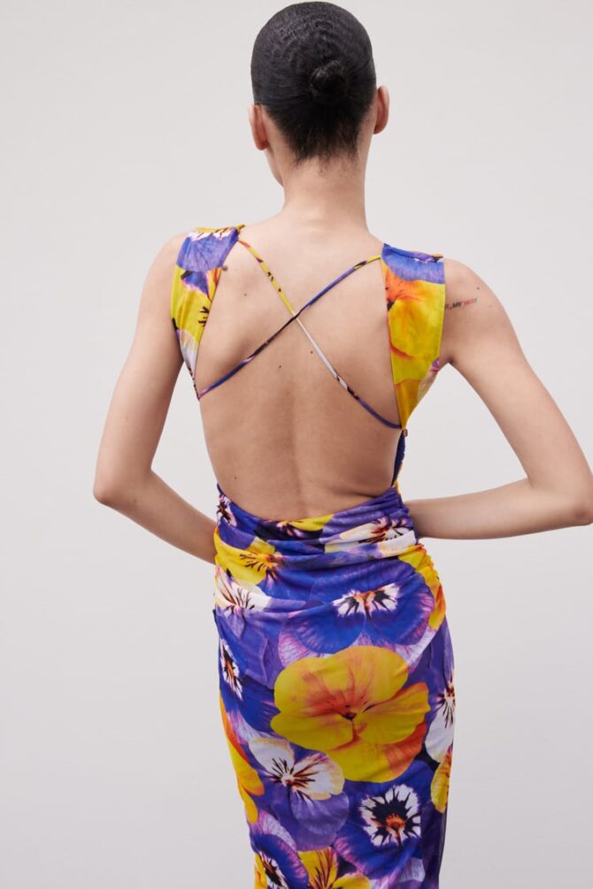 Printed open back tule dress